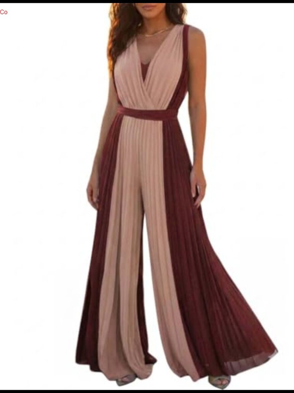 Sleeveless Colorblock Pleated Jumpsuit with V-Neck and Waist Tie